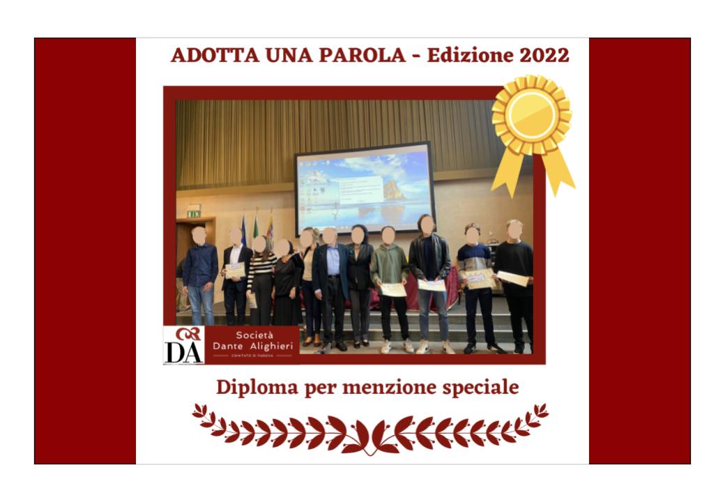 Diploma per menzione speciale  al concorso letterario  “Adotta una parola edizione 2022” 